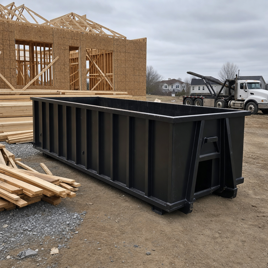 Matte-black 40-yard roll-off dumpster staged on a framed-out residential construction site in Chico, framing lumber stacked nearby, hooklift delivery truck visible in the background under bright Colorado daylight