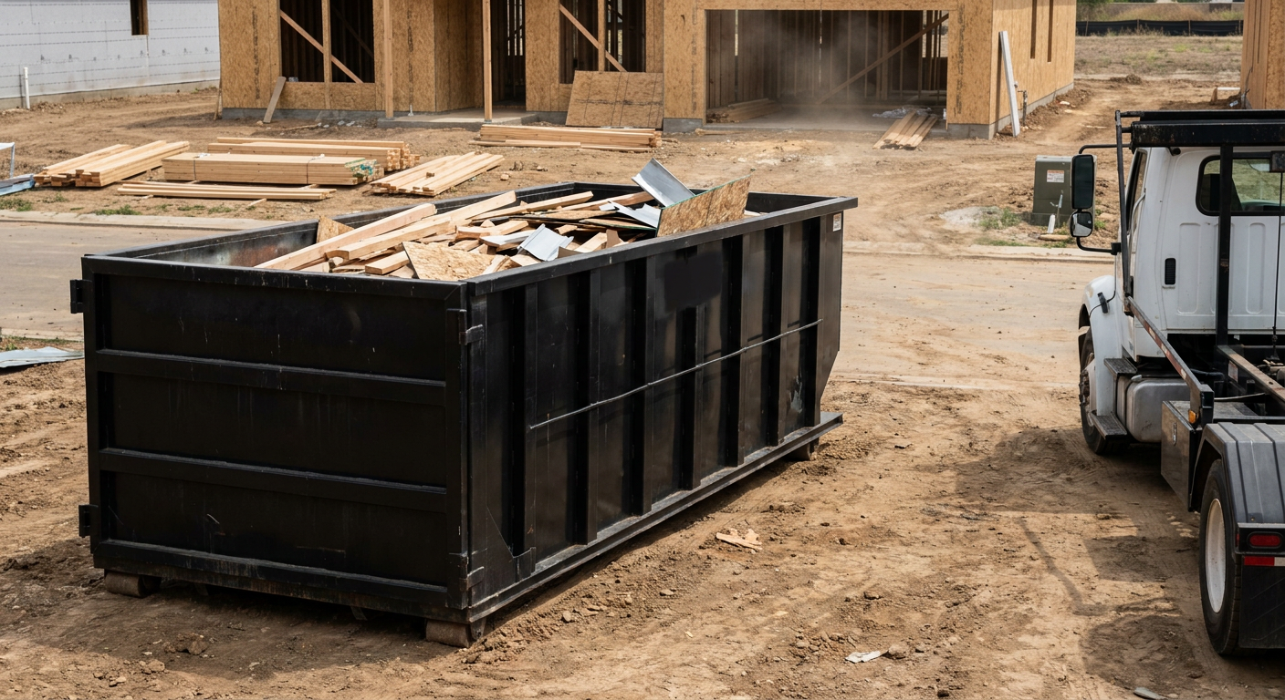 Matte-black 20-yard roll-off construction dumpster with heavy ribbed steel sidewalls and swing rear doors at a working jobsite in Chico, sitting directly on compacted dirt with an unmarked white hauler partially visible at the far edge of the frame.