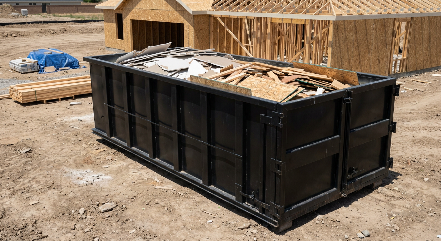 Matte-black 30-yard roll-off construction dumpster sitting directly on the compacted-dirt site of a framed single-family home build in Chico, drywall and lumber scrap loaded inside.