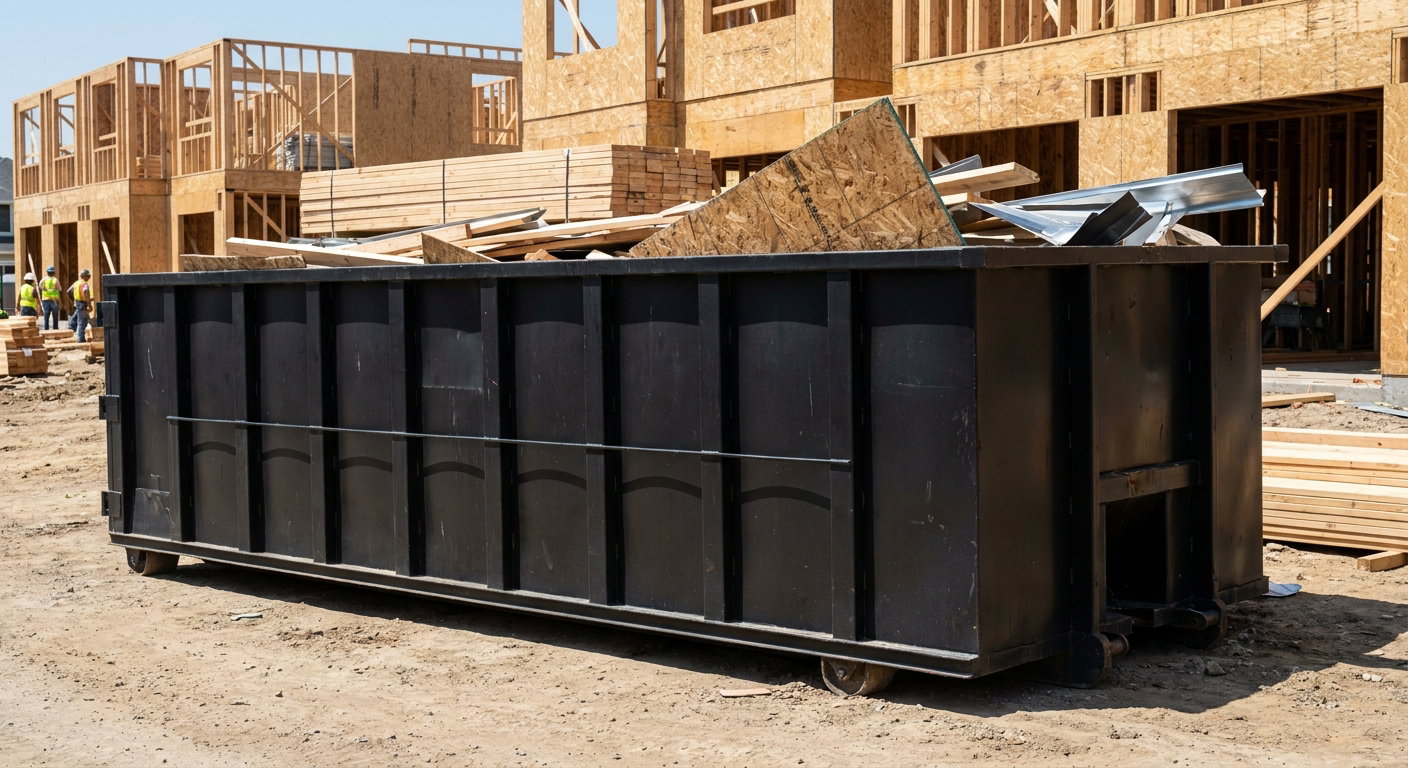 Matte-black 40-yard roll-off construction dumpster being lowered from a white-cab hooklift delivery truck onto the compacted-dirt jobsite at a commercial build site in Chico