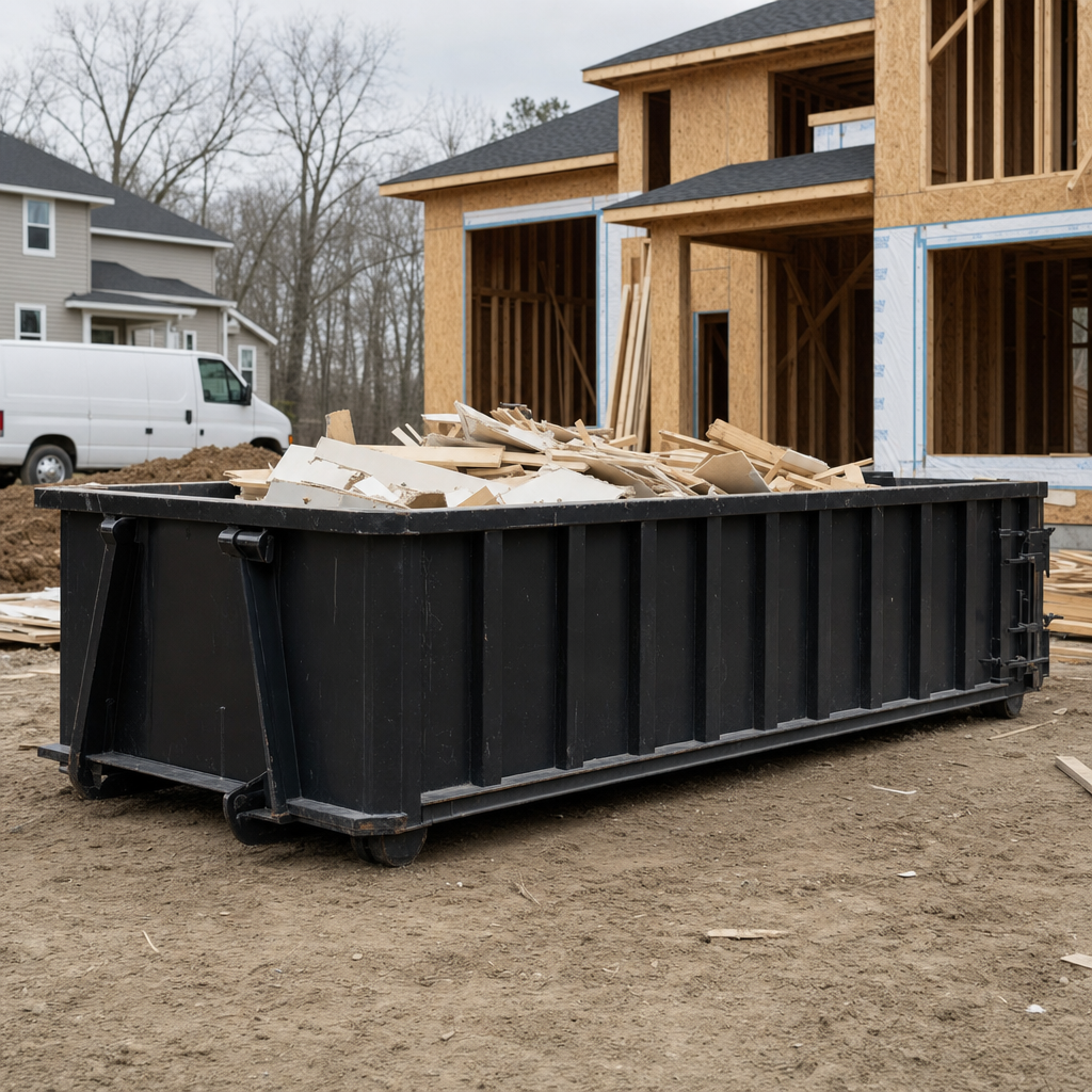Worker in a yellow high-visibility vest tossing framing lumber and broken drywall into a matte-black 30-yard construction roll-off dumpster on an active build site in Chico, bright daylight