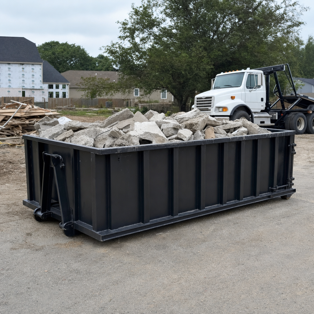Low-profile matte-black lowboy roll-off dumpster loaded with broken concrete slab and rebar at a foundation tear-out in Chico, skid steer parked beside it, sunny Colorado morning