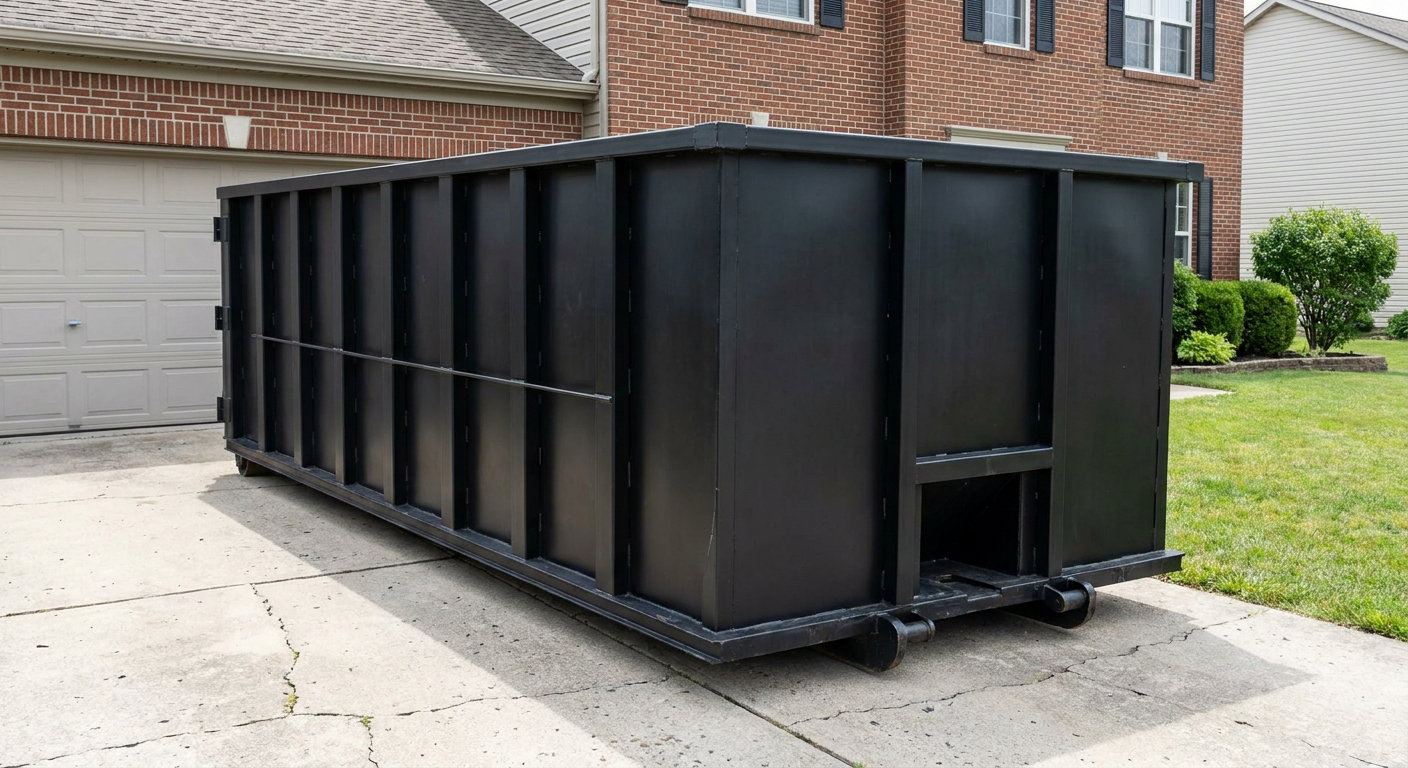 Matte-black 20-yard roll-off container on a Chico residential concrete driveway with reinforced ribbed steel sidewalls and a hinged rear walk-in door, clean bright daylight.