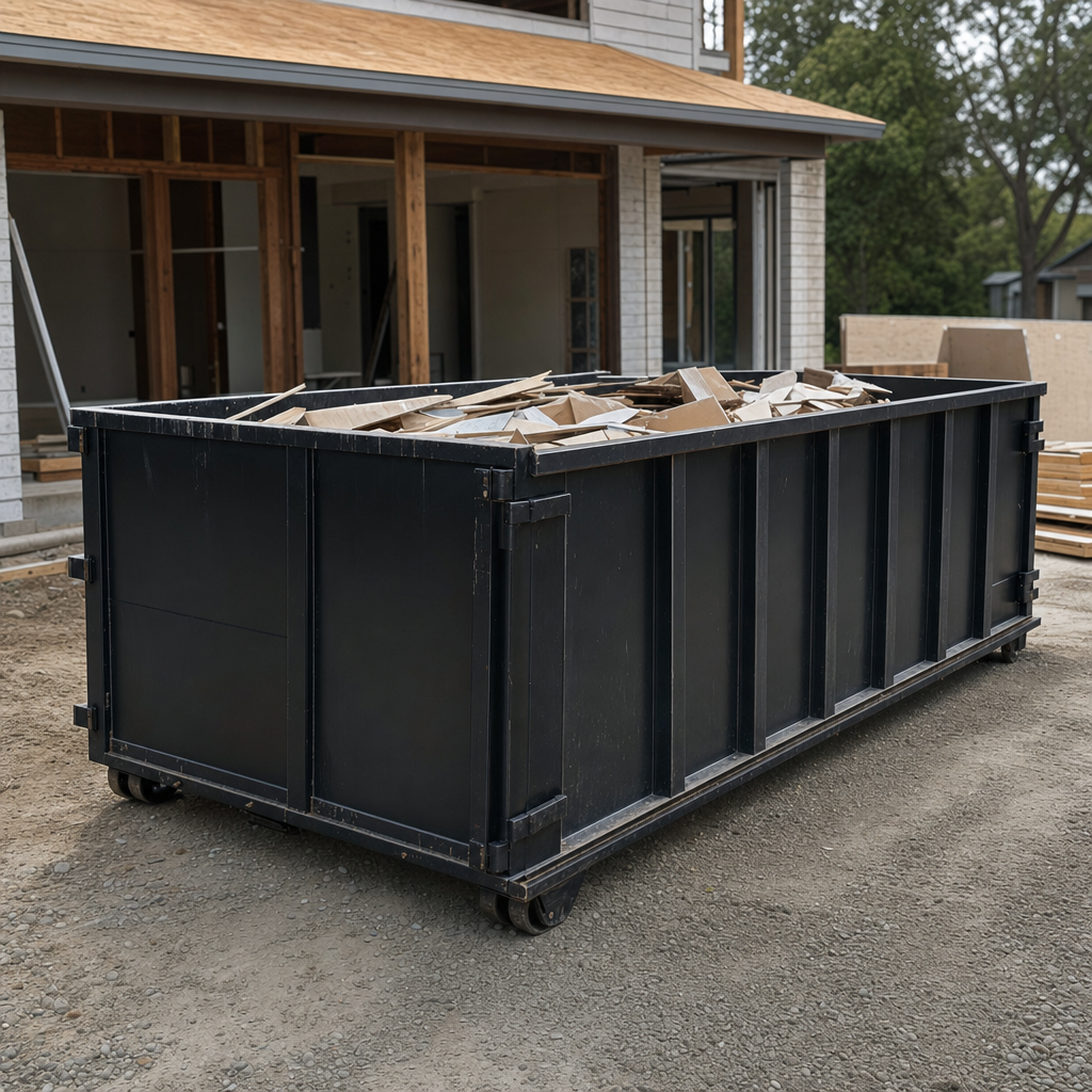 Large matte-black 30-yard construction roll-off dumpster at an active Chico jobsite, steel-gray top rails and bottom rollers visible, loaded with construction debris.