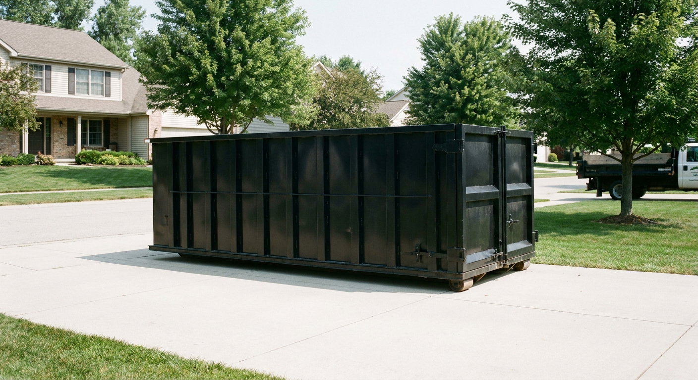 Matte-black 20-yard roll-off dumpster sitting level on a clean Chico residential concrete driveway under bright daylight, demonstrating clean placement directly on the concrete.