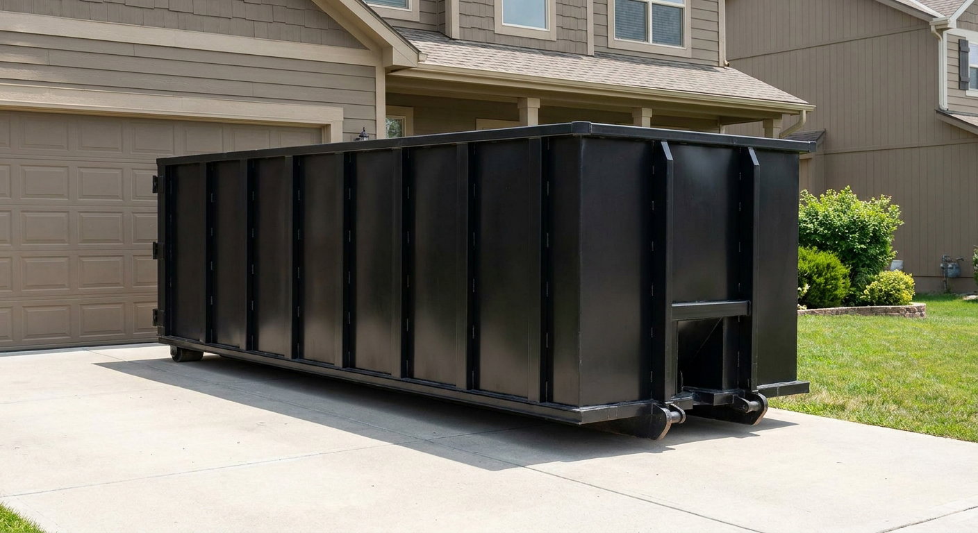 Matte-black residential roll-off dumpster sitting directly on a suburban Chico concrete driveway, garage door closed, single-family home in background, bright morning daylight.
