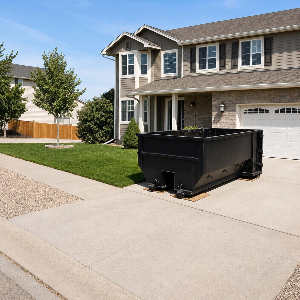 10-yard matte-black residential dumpster placed directly on a narrow Chico concrete driveway, room remains for a parked sedan beside it, mid-morning natural light