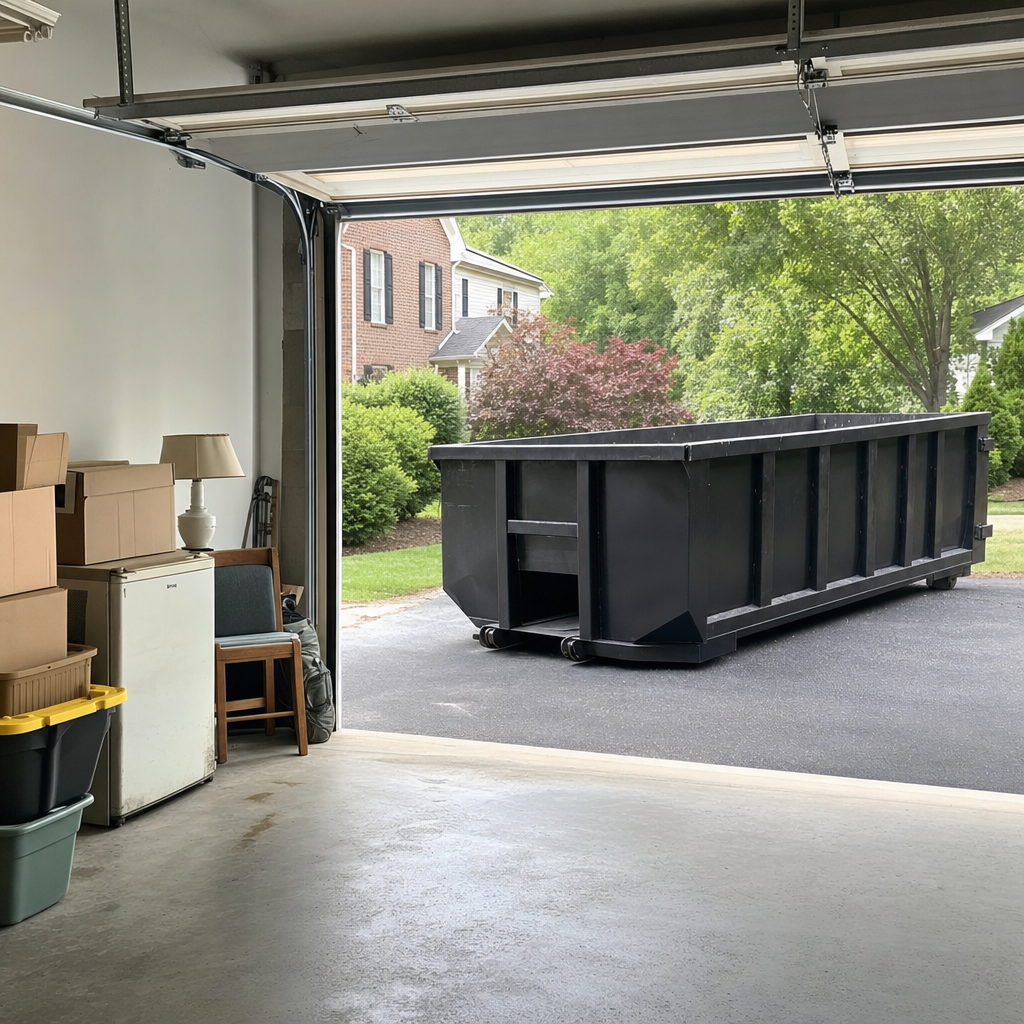 Open garage interior in a Chico home mid-cleanout — boxed items, an old appliance, and stacked yard tools queued near the driveway for a matte-black roll-off dumpster, organized and calm
