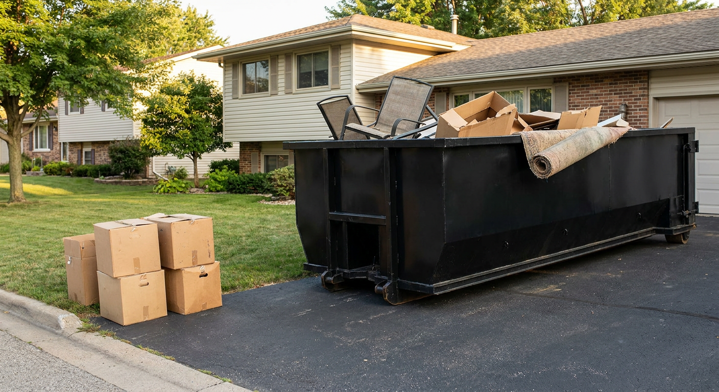Front-yard view of a Chico split-level home with a 20-yard matte-black roll-off dumpster sitting directly on the asphalt driveway, a few clearly labeled donation boxes staged at the curb, calm sunny afternoon.