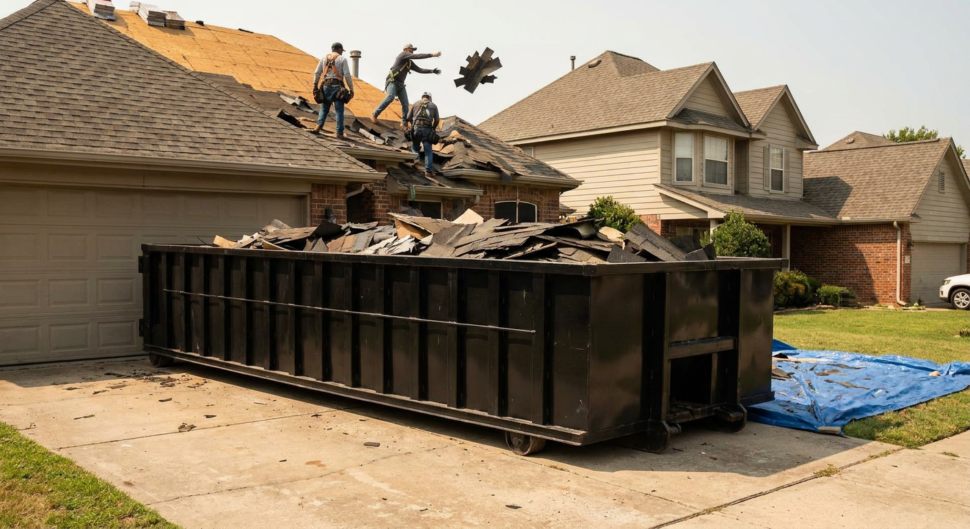 Matte-black roofing roll-off dumpster placed directly on a Chico residential concrete driveway, a tear-off crew on a two-story asphalt-shingle roof tossing shingle bundles into the low-walled container, bright daylight, documentary 35mm perspective.