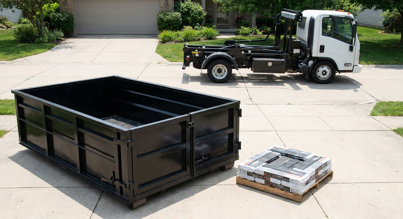 Matte-black 15-yard roofing roll-off dumpster with reinforced low side walls sitting directly on a Chico residential concrete driveway, three-tab asphalt shingle bundles stacked nearby, an unmarked white hauler truck partially visible at the edge of the frame.