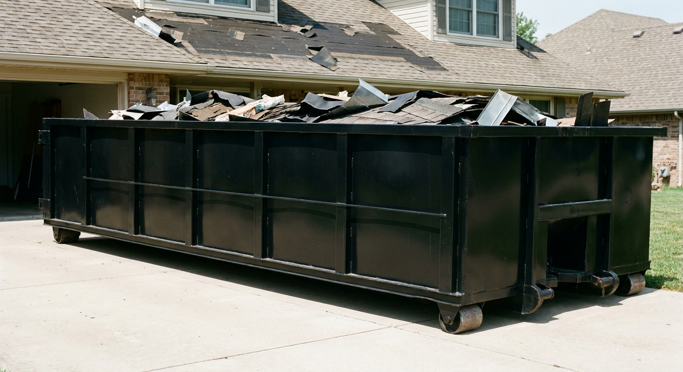 Matte-black 20-yard roofing roll-off dumpster with steel ribbed sides and swinging rear door, sitting directly on the concrete driveway of a two-story Chico home, asphalt shingle debris being loaded over the low wall, clean documentary lighting.
