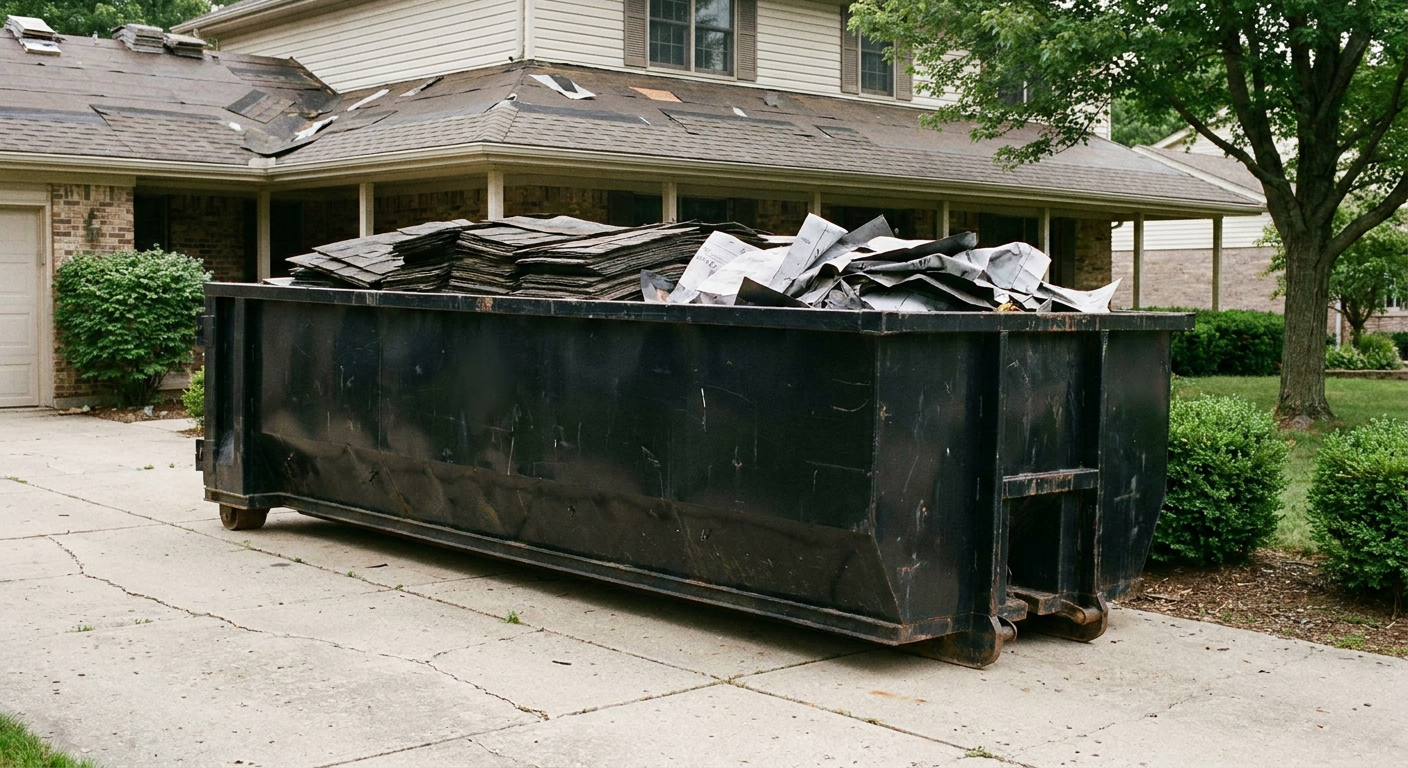 Matte-black 30-yard roofing roll-off dumpster sitting directly on a Chico concrete driveway, taller ribbed steel side panels, mixed tear-off debris of asphalt shingles and underlayment inside, professional documentary daylight.