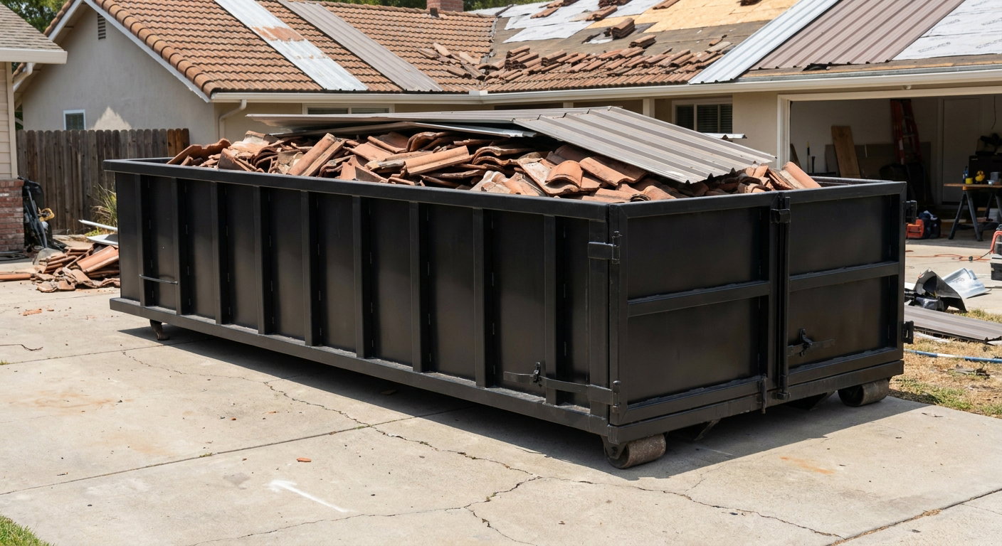 Matte-black low-wall heavy-debris roofing roll-off dumpster sitting directly on a Chico concrete driveway, broken concrete clay roof tiles and metal panel sections loaded inside, reinforced ribbed steel side walls visible, bright outdoor daylight.