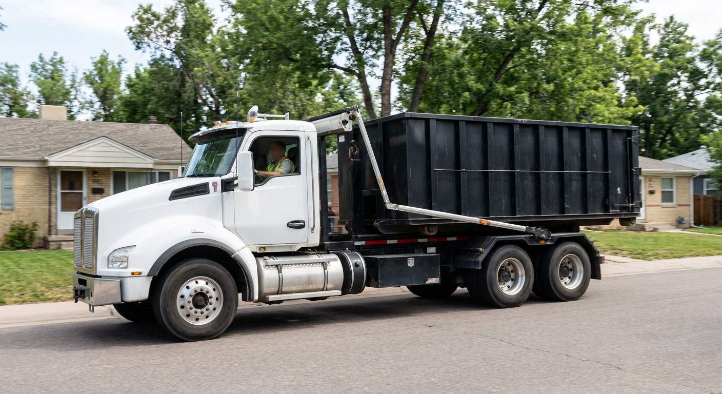 A wide documentary shot of a matte-black roll-off delivery truck pulling onto a quiet Chico residential street at mid-morning, with neighborhood rooftops and tree-lined blocks visible behind, showing the metro coverage footprint.