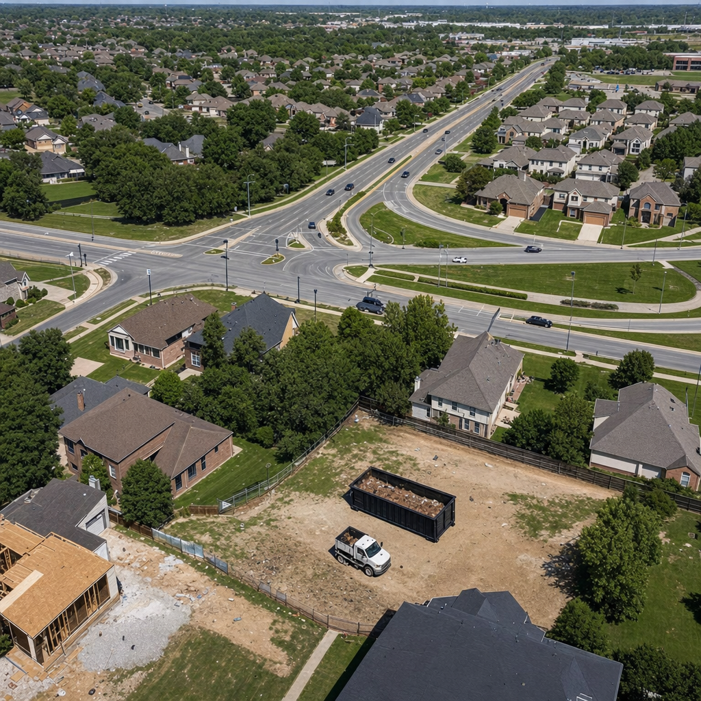 An overhead documentary view of the Chico metro area at midday, showing the spread of neighborhoods, arterial roads, and the dispatch radius from a central yard — clean daylight, organized geographic layout.