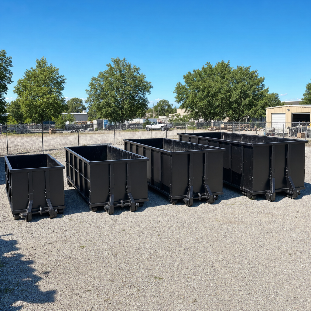 A clean lineup of matte-black roll-off dumpsters in 10, 20, 30, and 40-yard sizes staged on a sunlit gravel yard in Chico, showing the size progression from compact to commercial-scale containers.