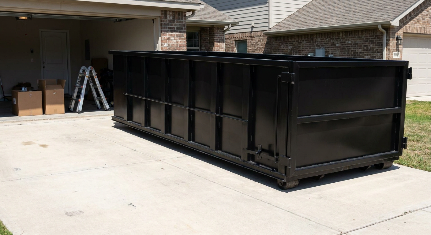 A matte-black 10-yard roll-off dumpster sitting directly on a residential Chico concrete driveway, mid-day sunlight, clean and ready for a garage cleanout.