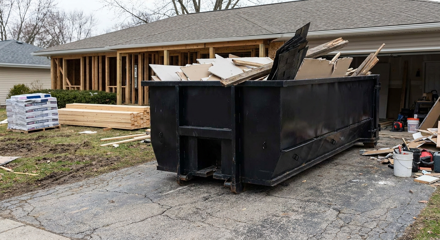 A matte-black 20-yard roll-off dumpster placed alongside a mid-renovation Chico home directly on the asphalt driveway, with framing materials and torn-off shingles staged neatly nearby.