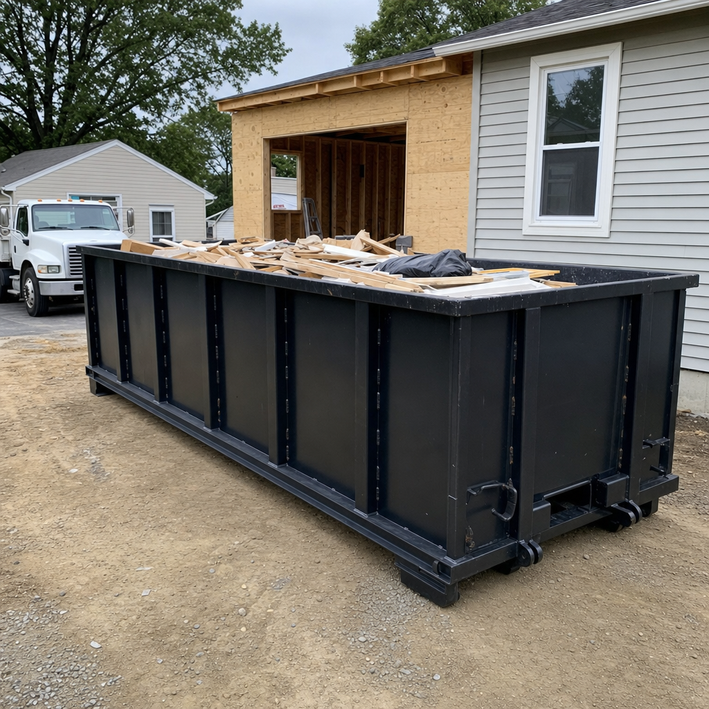 A matte-black 30-yard roll-off dumpster positioned at a Chico residential addition jobsite, with framing lumber and drywall scraps loaded through the open swinging rear doors.