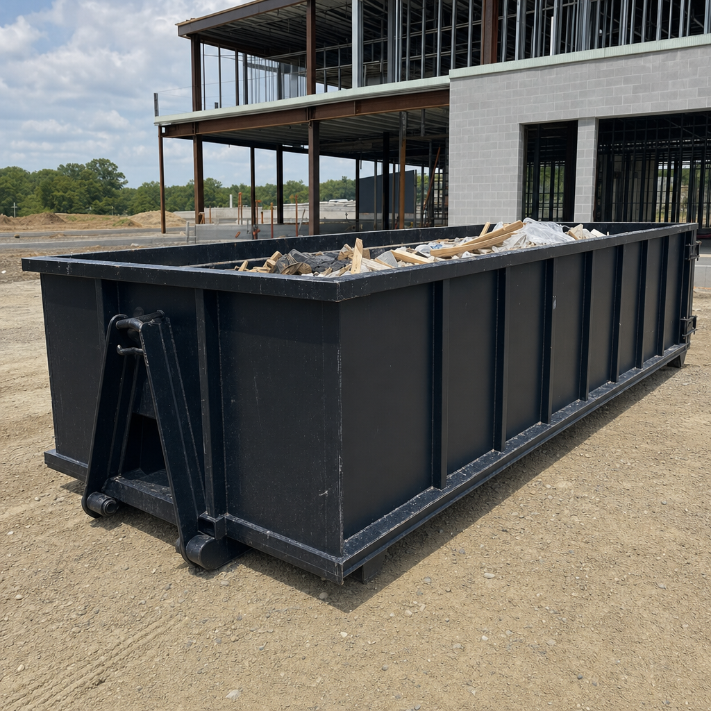 A matte-black 40-yard roll-off dumpster staged on a large Chico commercial construction lot, with a hooklift delivery truck parked alongside under bright midday sky.