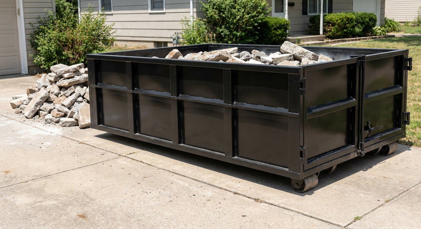 A matte-black low-side heavy-debris roll-off dumpster placed directly on a Chico concrete driveway, with broken concrete chunks neatly stacked beside it under clean daylight.